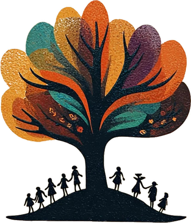 A painted tree with children holding hands beneath it